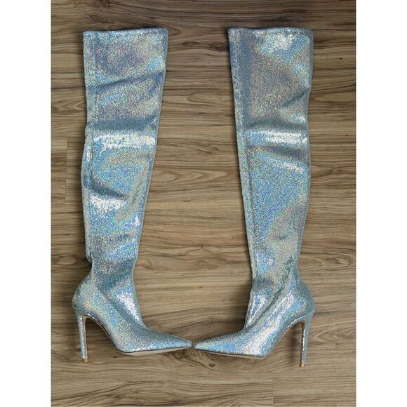 NWOT Stuart Weitzman Womens Ultrastuart Xcurve Over The Knee Boots Silver Sz 7 - Picture 6 of 11